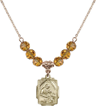 18" Hamilton Gold Plated Necklace with 4mm Topaz Crystal Beads featuring a 14kt Gold Filled Saint Ann Medal. Engraved Catholic Saint Jewelry