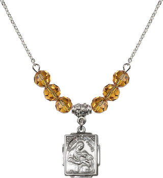 18" Rhodium Plated Necklace with 4mm Topaz Crystal Beads featuring a Sterling Silver Saint Ann Medal. Engraved Catholic Saint Jewelry