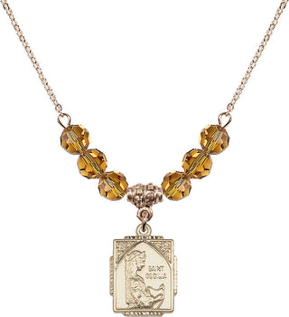 18" Hamilton Gold Plated Necklace with 4mm Topaz Crystal Beads featuring a 14kt Gold Filled Saint Cecilia Medal. Engraved Catholic Saint Jewelry