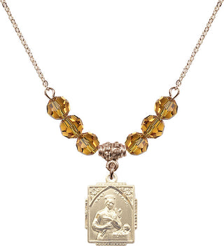 18" Hamilton Gold Plated Necklace with 4mm Topaz Crystal Beads featuring a 14kt Gold Filled Saint Gerard Medal. Engraved Catholic Saint Jewelry