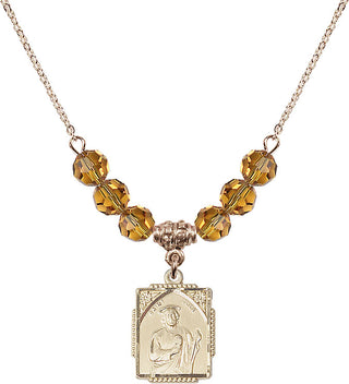 18" Hamilton Gold Plated Necklace with 4mm Topaz Crystal Beads featuring a 14kt Gold Filled Saint Jude Medal. Engraved Catholic Saint Jewelry