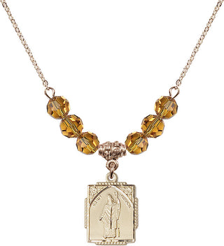 18" Hamilton Gold Plated Necklace with 4mm Topaz Crystal Beads featuring a 14kt Gold Filled Saint Patrick Medal. Engraved Catholic Saint Jewelry