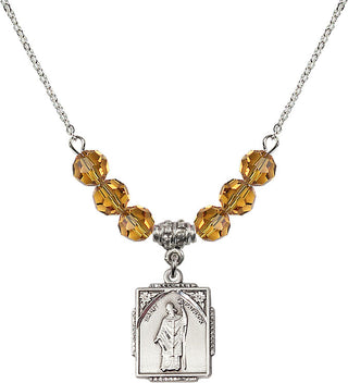 18" Rhodium Plated Necklace with 4mm Topaz Crystal Beads featuring a Sterling Silver Saint Patrick Medal. Engraved Catholic Saint Jewelry