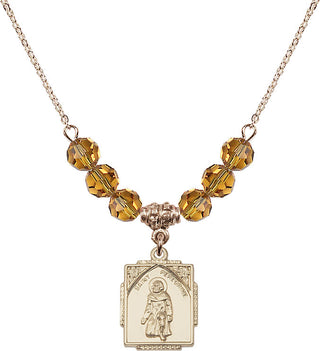 18" Hamilton Gold Plated Necklace with 4mm Topaz Crystal Beads featuring a 14kt Gold Filled Saint Peregrine Medal. Engraved Catholic Saint Jewelry