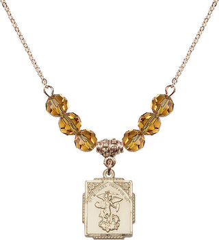 18" Hamilton Gold Plated Necklace with 4mm Topaz Crystal Beads featuring a 14kt Gold Filled Saint Michael the Archangel Medal. Engraved Catholic Saint Jewelry