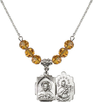 18" Rhodium Plated Necklace with 4mm Topaz Crystal Beads featuring a Sterling Silver Scapular Medal.