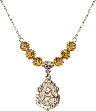 18" Hamilton Gold Plated Necklace with 4mm Topaz Crystal Beads featuring a 14kt Gold Filled Mother of a Priest Medal. Engraved Catholic Saint Jewelry
