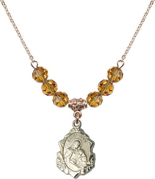 18" Hamilton Gold Plated Necklace with 4mm Topaz Crystal Beads featuring a 14kt Gold Filled Saint Ann Medal. Engraved Catholic Saint Jewelry