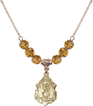18" Hamilton Gold Plated Necklace with 4mm Topaz Crystal Beads featuring a 14kt Gold Filled Saint Christopher Medal. Engraved Catholic Saint Jewelry