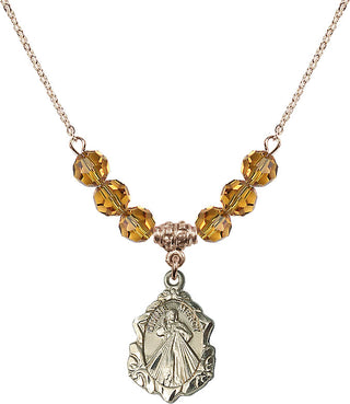 18" Hamilton Gold Plated Necklace with 4mm Topaz Crystal Beads featuring a 14kt Gold Filled Divine Mercy Medal. Engraved Catholic Saint Jewelry
