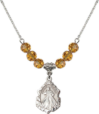 18" Rhodium Plated Necklace with 4mm Topaz Crystal Beads featuring a Sterling Silver Divine Mercy Medal. Engraved Catholic Saint Jewelry