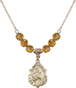 18" Hamilton Gold Plated Necklace with 4mm Topaz Crystal Beads featuring a 14kt Gold Filled Saint Gerard Medal. Engraved Catholic Saint Jewelry