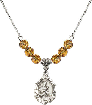18" Rhodium Plated Necklace with 4mm Topaz Crystal Beads featuring a Sterling Silver Saint Gerard Medal. Engraved Catholic Saint Jewelry