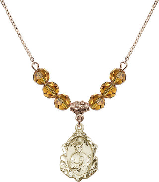 18" Hamilton Gold Plated Necklace with 4mm Topaz Crystal Beads featuring a 14kt Gold Filled Saint Jude Medal. Engraved Catholic Saint Jewelry