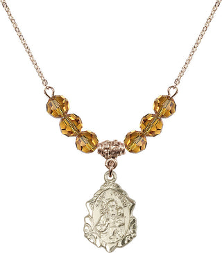 18" Hamilton Gold Plated Necklace with 4mm Topaz Crystal Beads featuring a 14kt Gold Filled Saint Joseph Medal. Engraved Catholic Saint Jewelry