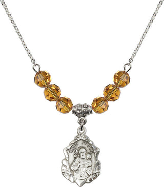 18" Rhodium Plated Necklace with 4mm Topaz Crystal Beads featuring a Sterling Silver Saint Joseph Medal. Engraved Catholic Saint Jewelry