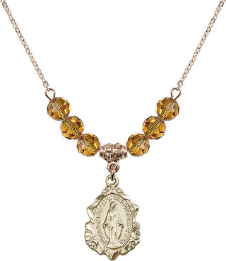 18" Hamilton Gold Plated Necklace with 4mm Topaz Crystal Beads featuring a 14kt Gold Filled Miraculous Medal. Engraved Catholic Saint Jewelry