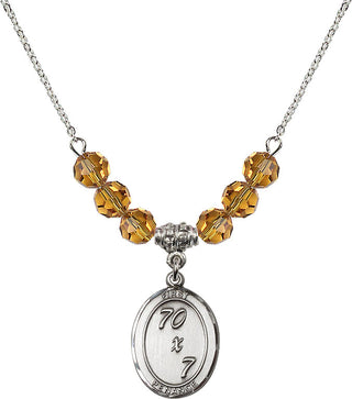 18" Rhodium Plated Necklace with 4mm Topaz Crystal Beads featuring a Sterling Silver First Penance Medal.