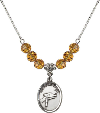 18" Rhodium Plated Necklace with 4mm Topaz Crystal Beads featuring a Sterling Silver Graduation Medal.