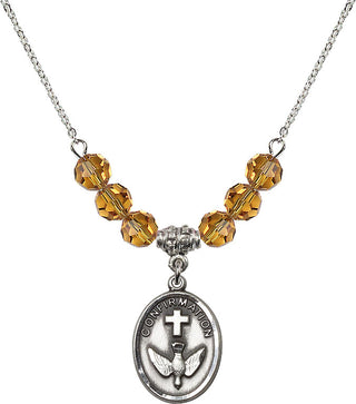 18" Rhodium Plated Necklace with 4mm Topaz Crystal Beads featuring a Sterling Silver Confirmation Medal.