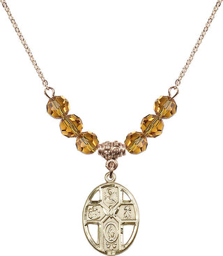 18" Hamilton Gold Plated Necklace with 4mm Topaz Crystal Beads featuring a 14kt Gold Filled 5-Way / Holy Spirit Medal.