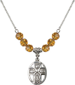 18" Rhodium Plated Necklace with 4mm Topaz Crystal Beads featuring a Sterling Silver 5-Way / Holy Spirit Medal.