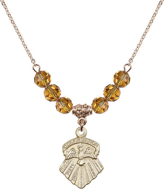18" Hamilton Gold Plated Necklace with 4mm Topaz Crystal Beads featuring a 14kt Gold Filled Seven Gifts Medal.