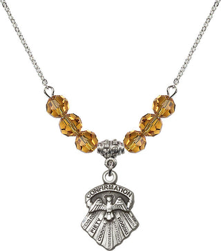 18" Rhodium Plated Necklace with 4mm Topaz Crystal Beads featuring a Sterling Silver Seven Gifts Medal.