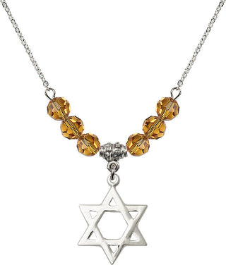 18" Rhodium Plated Necklace with 4mm Topaz Crystal Beads featuring a Sterling Silver Star of David Medal.
