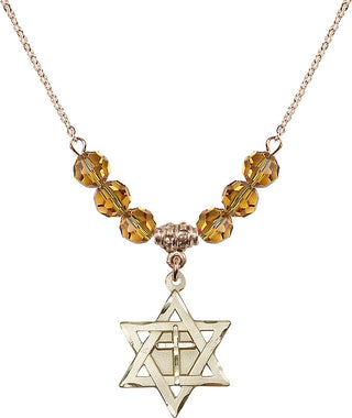18" Hamilton Gold Plated Necklace with 4mm Topaz Crystal Beads featuring a 14kt Gold Filled Star of David with Cross Medal.