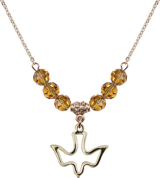 18" Hamilton Gold Plated Necklace with 4mm Topaz Crystal Beads featuring a 14kt Gold Filled Holy Spirit Medal.