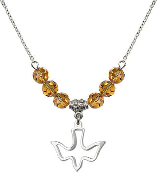 18" Rhodium Plated Necklace with 4mm Topaz Crystal Beads featuring a Sterling Silver Holy Spirit Medal.