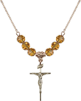 18" Hamilton Gold Plated Necklace with 4mm Topaz Crystal Beads featuring a 14kt Gold Filled Crucifix Medal.