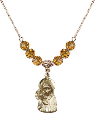 18" Hamilton Gold Plated Necklace with 4mm Topaz Crystal Beads featuring a 14kt Gold Filled Madonna & Child Medal.
