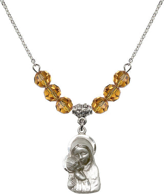 18" Rhodium Plated Necklace with 4mm Topaz Crystal Beads featuring a Sterling Silver Madonna & Child Medal.