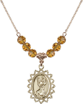 18" Hamilton Gold Plated Necklace with 4mm Topaz Crystal Beads featuring a 14kt Gold Filled Saint Christopher Medal.