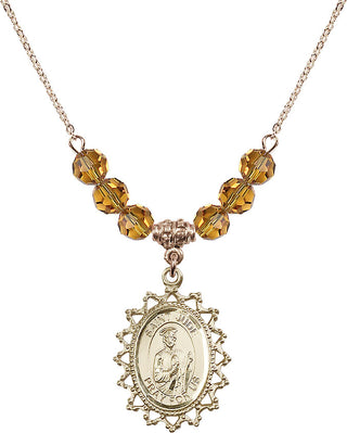 18" Hamilton Gold Plated Necklace with 4mm Topaz Crystal Beads featuring a 14kt Gold Filled Saint Jude Medal.