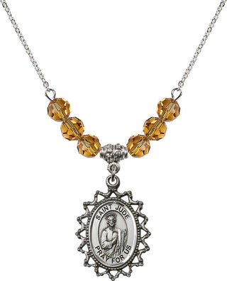 18" Rhodium Plated Necklace with 4mm Topaz Crystal Beads featuring a Sterling Silver Saint Jude Medal.