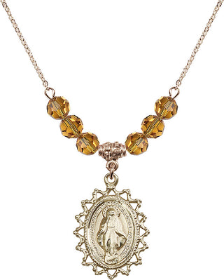 18" Hamilton Gold Plated Necklace with 4mm Topaz Crystal Beads featuring a 14kt Gold Filled Miraculous Medal.