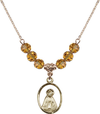 18" Hamilton Gold Plated Necklace with 4mm Topaz Crystal Beads featuring a 14kt Gold Filled Madonna Medal.