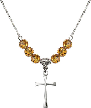 18" Rhodium Plated Necklace with 4mm Topaz Crystal Beads featuring a Sterling Silver Maltese Cross Medal.