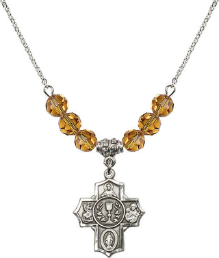 18" Rhodium Plated Necklace with 4mm Topaz Crystal Beads featuring a Sterling Silver Communion/5-Way Medal.