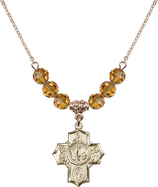18" Hamilton Gold Plated Necklace with 4mm Topaz Crystal Beads featuring a 14kt Gold Filled 5-Way Medal.
