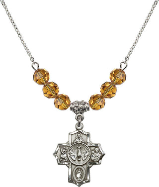 18" Rhodium Plated Necklace with 4mm Topaz Crystal Beads featuring a Sterling Silver 5-Way Medal.