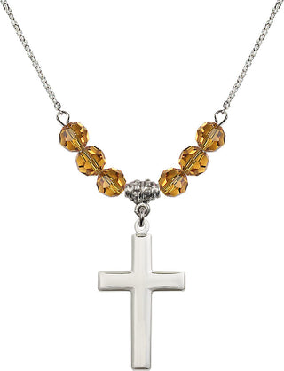 18" Rhodium Plated Necklace with 4mm Topaz Crystal Beads featuring a Sterling Silver Cross Medal.