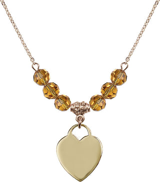 18" Hamilton Gold Plated Necklace with 4mm Topaz Crystal Beads featuring a 14kt Gold Filled Heart Medal. Engraved Catholic Saint Jewelry