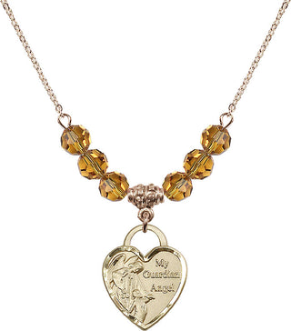 18" Hamilton Gold Plated Necklace with 4mm Topaz Crystal Beads featuring a 14kt Gold Filled Guardian Angel Heart Medal. Engraved Catholic Saint Jewelry