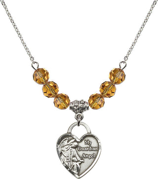 18" Rhodium Plated Necklace with 4mm Topaz Crystal Beads featuring a Sterling Silver Guardian Angel Heart Medal. Engraved Catholic Saint Jewelry