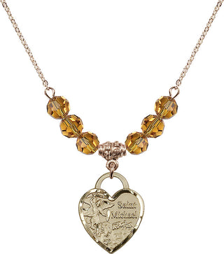 18" Hamilton Gold Plated Necklace with 4mm Topaz Crystal Beads featuring a 14kt Gold Filled Saint Michael the Archangel Medal. Engraved Catholic Saint Jewelry