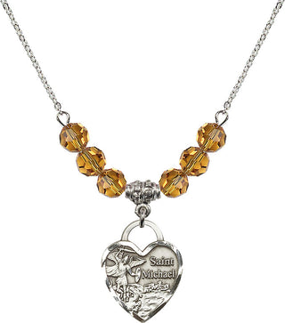 18" Rhodium Plated Necklace with 4mm Topaz Crystal Beads featuring a Sterling Silver Saint Michael the Archangel Medal. Engraved Catholic Saint Jewelry